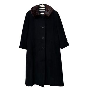 Vintage Made in Italy Rodel Spa 100% Virgin Wool Mink Neck Long Coat Black Sz 12